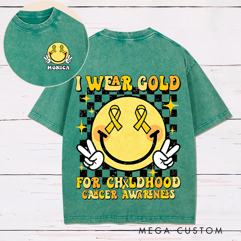 Personalized Two Sides Printed Washed T-Shirt Customized I Wear Gold for Childhood Cancer Awareness Design Washed T-Shirt 