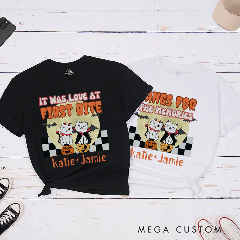 Personalized It was Love at First Bite and Fangs for the Memories Cat Design Couple Matching Halloween T-Shirt
