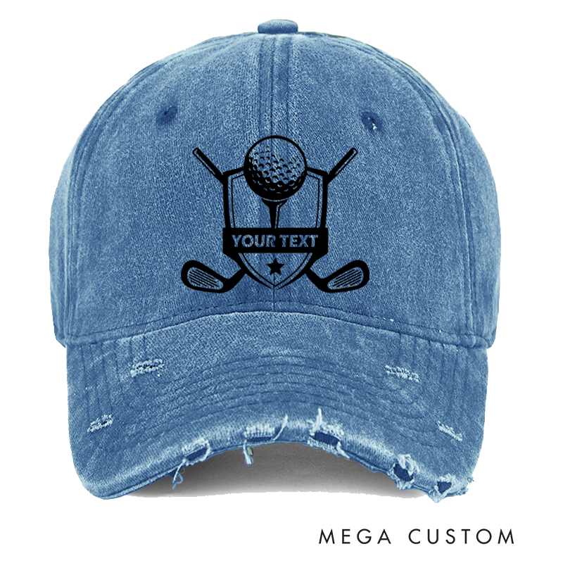Personalized Distressed Denim Baseball Cap with Shield Design Featuring Golf Ball Crossed Clubs Star Accent and Customizable Text for Golf Enthusiasts