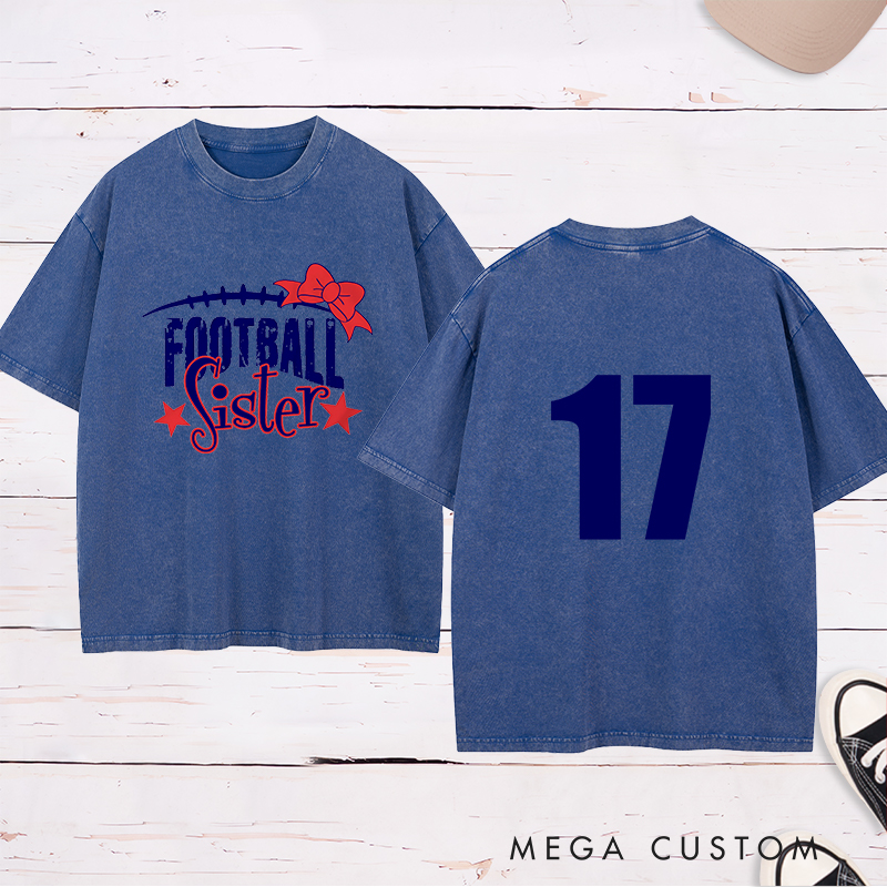 Personalized American Football and Rugby Bow Sister Washed T-Shirts with Custom Numbers