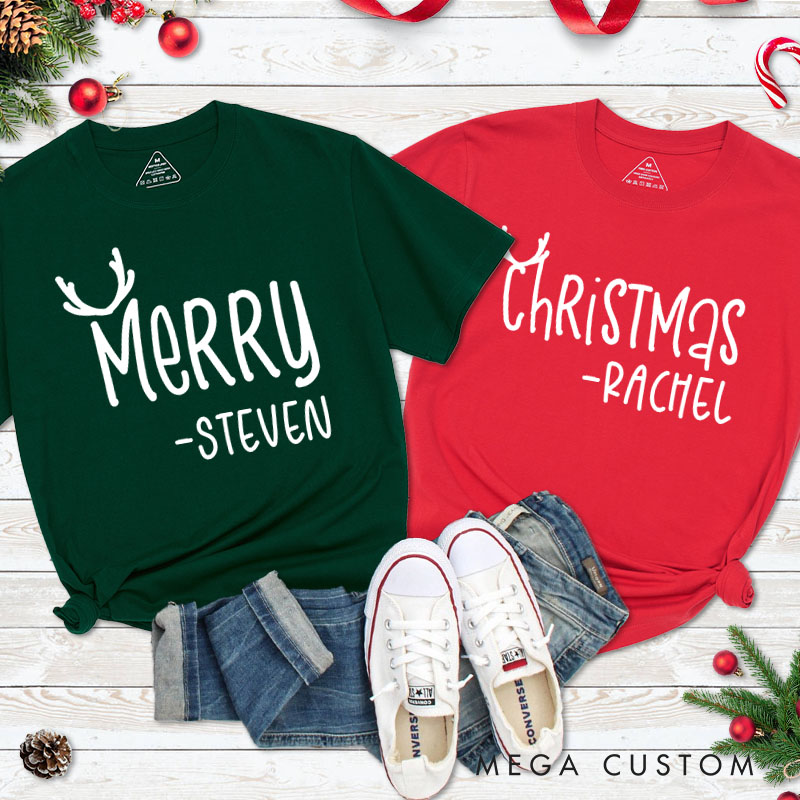 Personalized Couple Merry and Christmas with Antler Christmas Matching T-Shirt Couple Xmas T-Shirt for Husband Wife Boyfriend Girlfriend Tee Tops