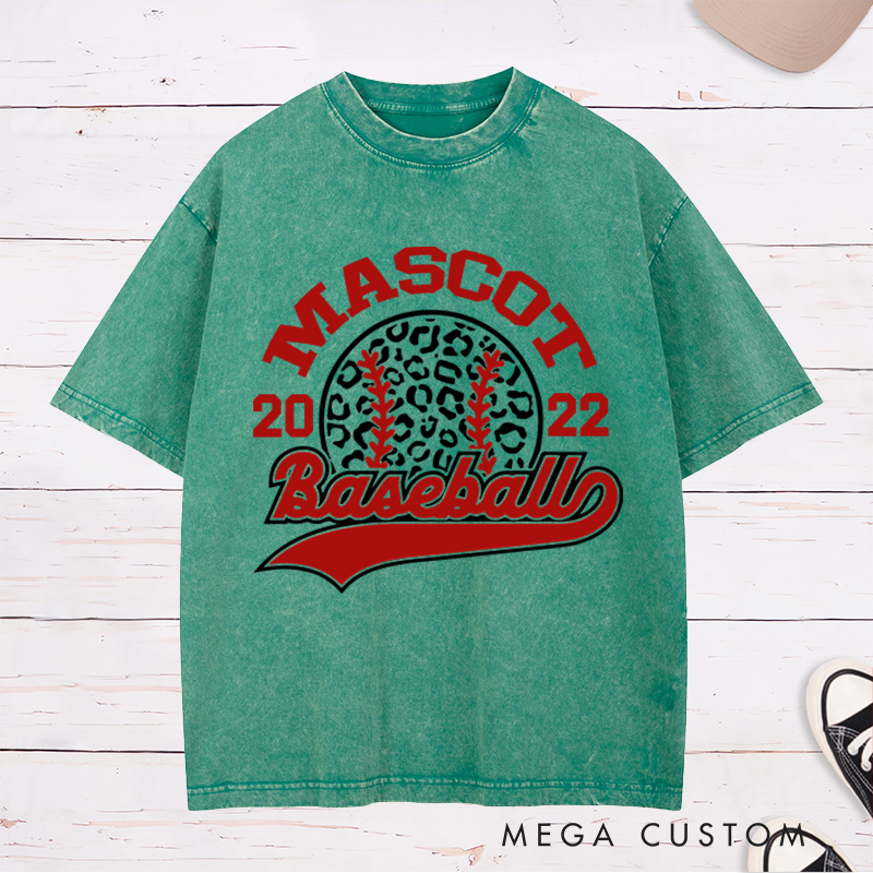 Personalized Team Baseball Washed T-Shirt Custom Name, Year and Trendy Leopard Design
