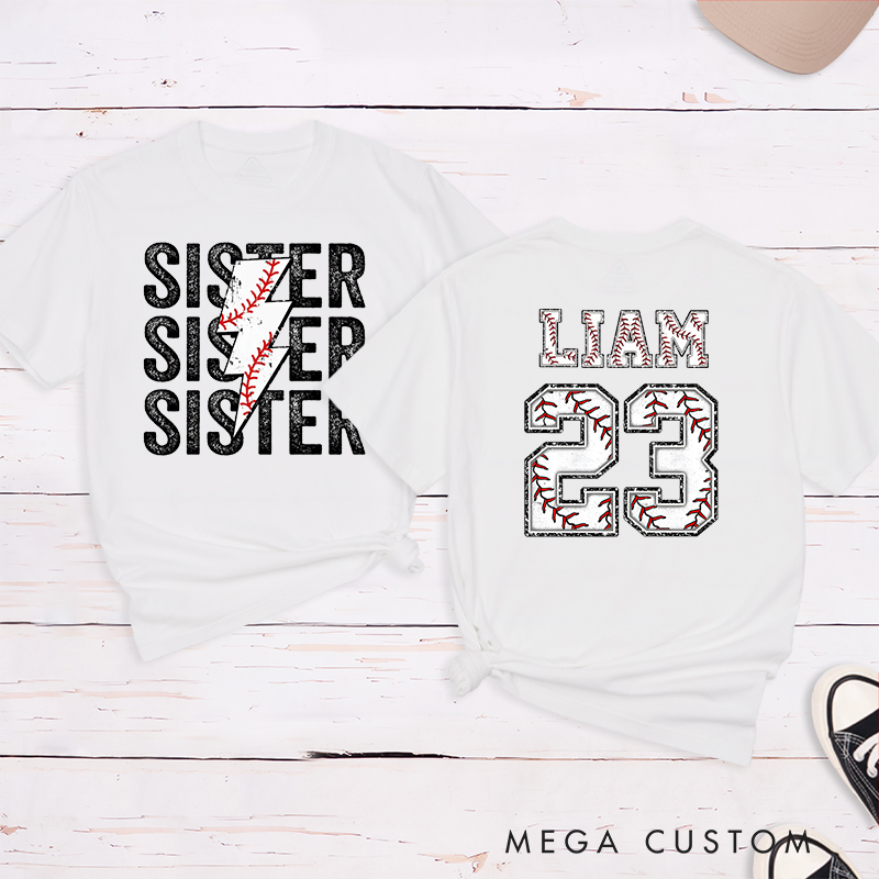 Personalized Baseball Sister T-Shirt with Lightning Stitch Design and Custom Name and Number
