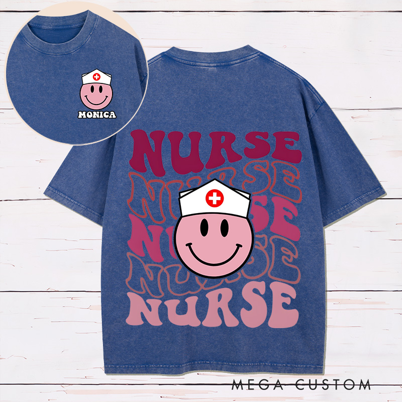 Personalized Two Sides Printed Washed T-Shirt Customized Retro Smiley Nurse Design Washed T-Shirt Nurse Week Gift