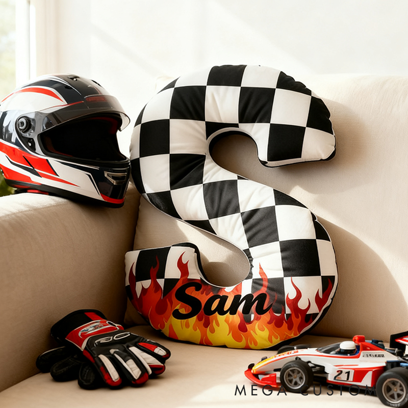 Personalized Racing Letter Throw Pillow Custom Name Checkered and Flame Design Cushion Gift for Racers and Racing Lovers
