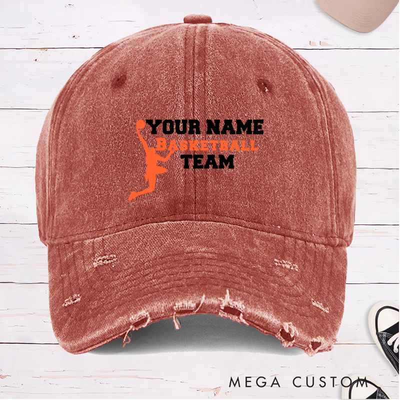 Personalized Distressed Denim Basketball Cap with Custom Name and Team Name Design