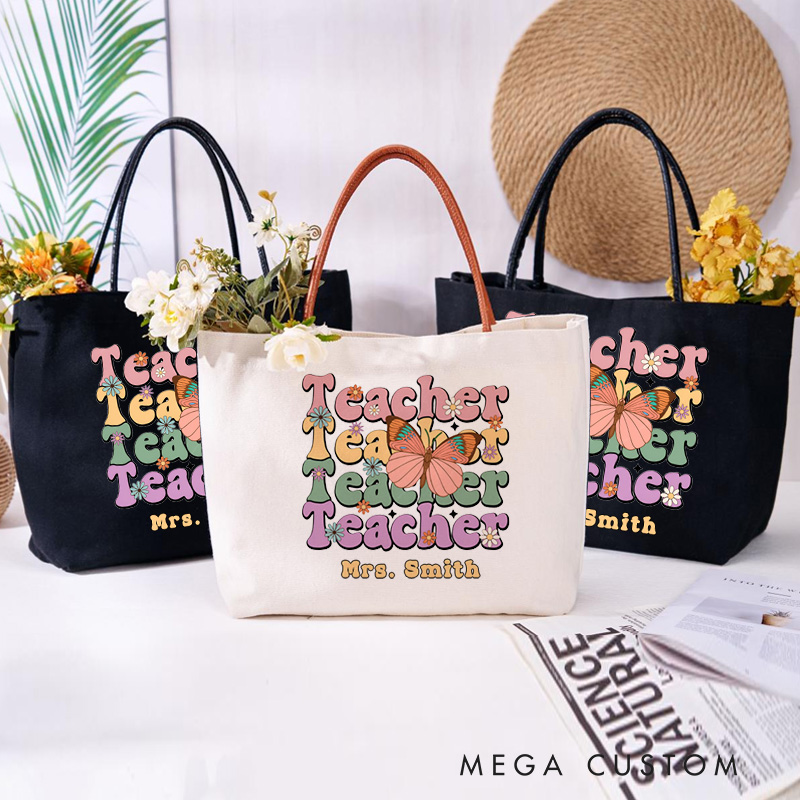 Personalized Teacher Canvas Tote Bag Teacher Butterfly Design Appreciation Gift for Teachers