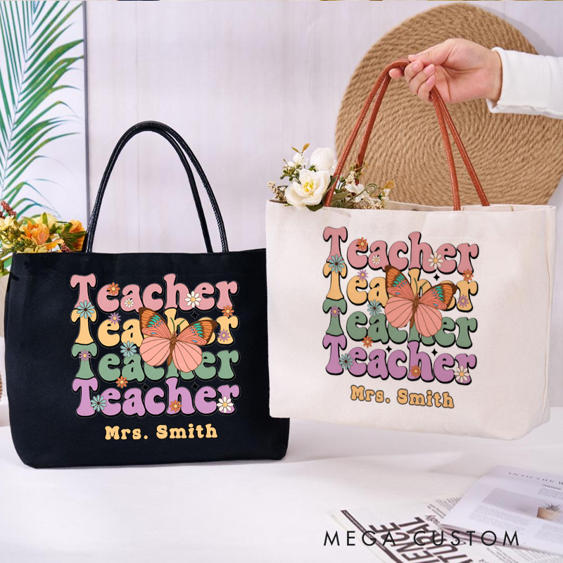 Personalized Teacher Canvas Tote Bag Teacher Butterfly Design Appreciation Gift for Teachers