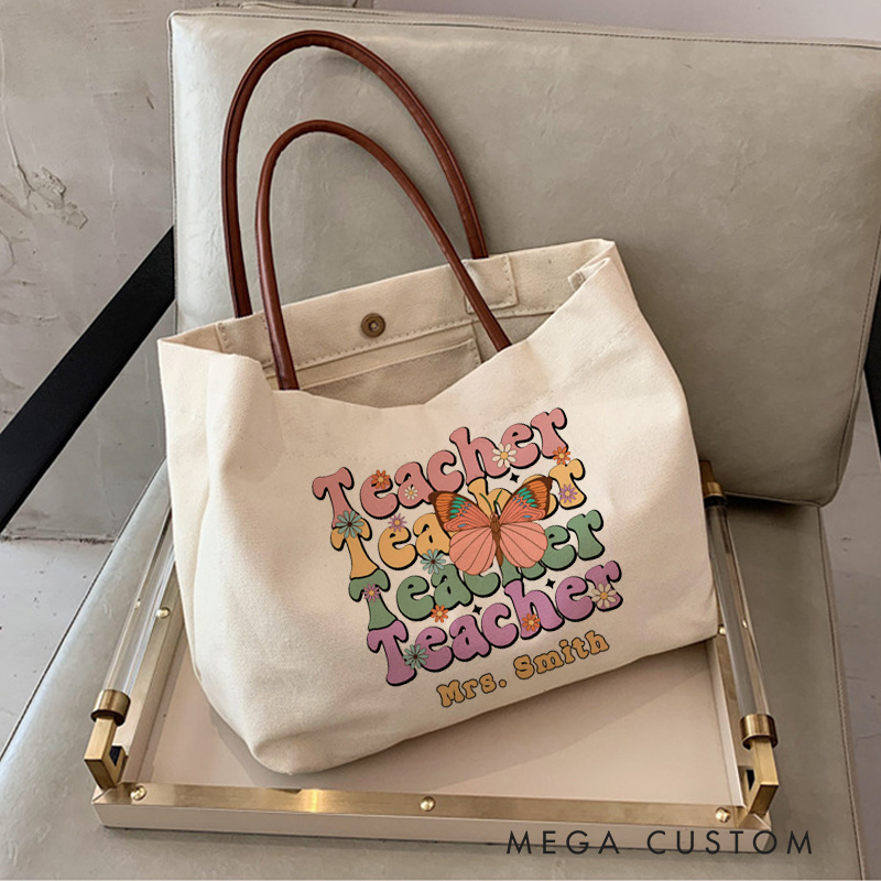 Personalized Teacher Canvas Tote Bag Teacher Butterfly Design Appreciation Gift for Teachers