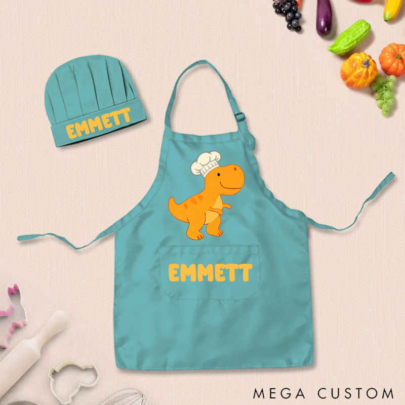 Personalized Cartoon Dinosaur Adjustable Kid Apron Chef Hat Set with Pocket and Name for Cooking Baking Birthday Holiday Gift for Kids