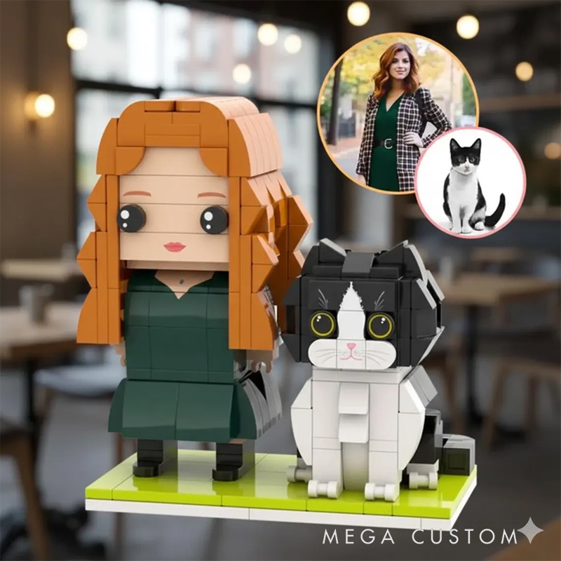 Personalized Custom Human & Cat Brick Figure Set - Personalized 2-Piece Minifigure Building Blocks, Custom Photo Pet & Owner Gift