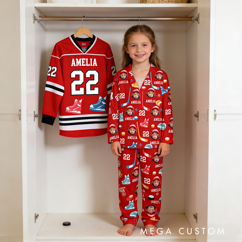 Personalized Kids Photo Hockey Pajamas with Costom Photo and Name for Hockey Fans
