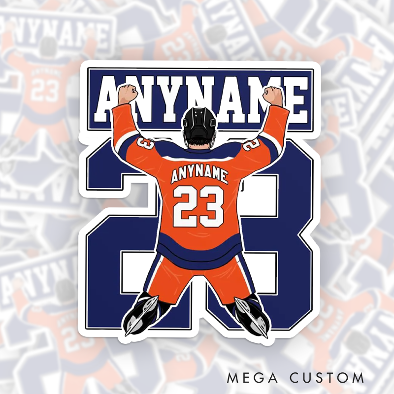 Personalized Ice Hockey Sticker Featuring Victory Pose and Player Name and Number