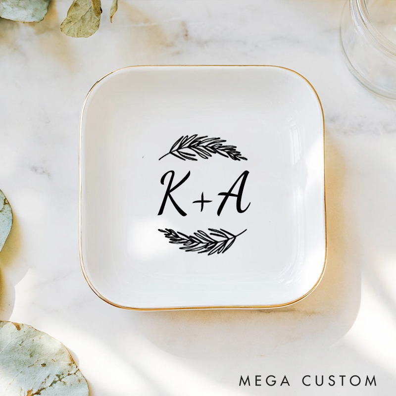 Personalized Elegant Fern Wedding Monogram with Initials Wedding Engagement Gold-Trimmed Ring Dishes