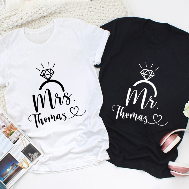 Personalized Elegant Mr and Mrs with Diamond Ring Wedding Couple Classic T-Shirt