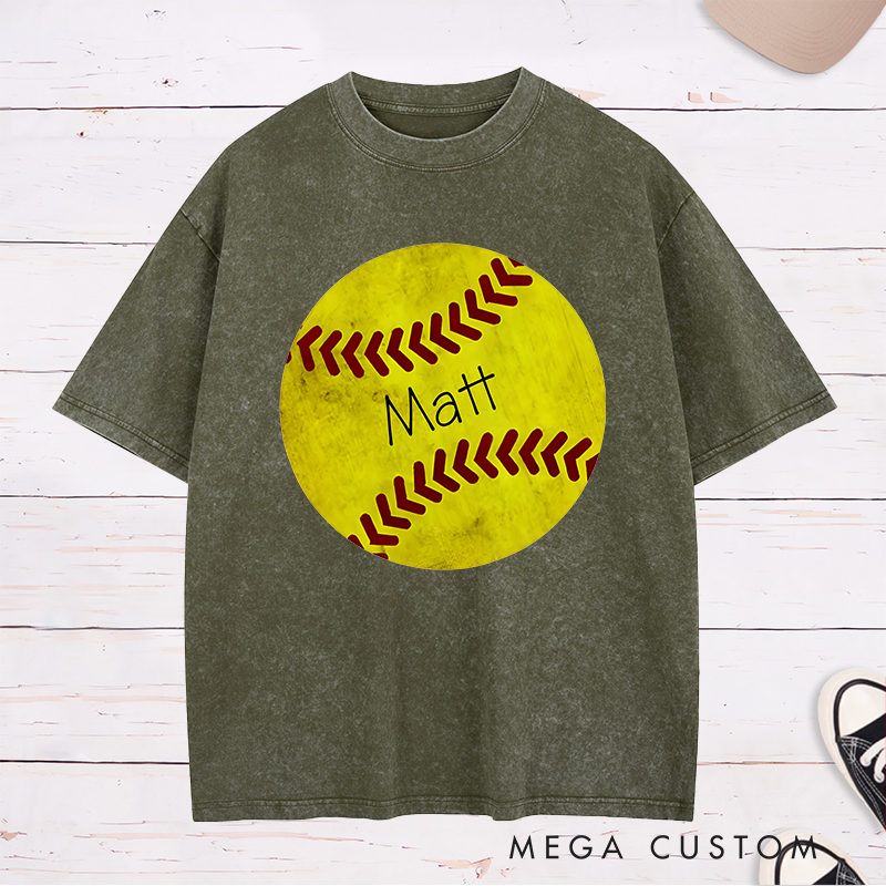 Personalized Softball Washed T-Shirt Design Featuring Custom Name Inside a Bold Softball Graphic