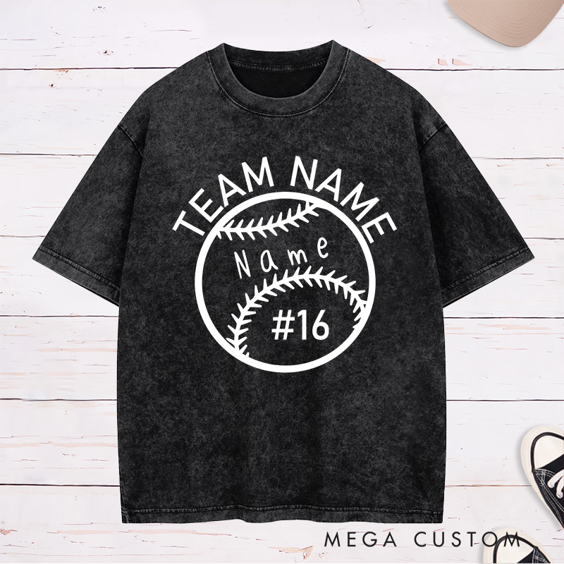 Personalized Softball Washed T-Shirt Design Featuring Custom Team Name Player Name and Jersey Number Inside a Bold Softball Graphic