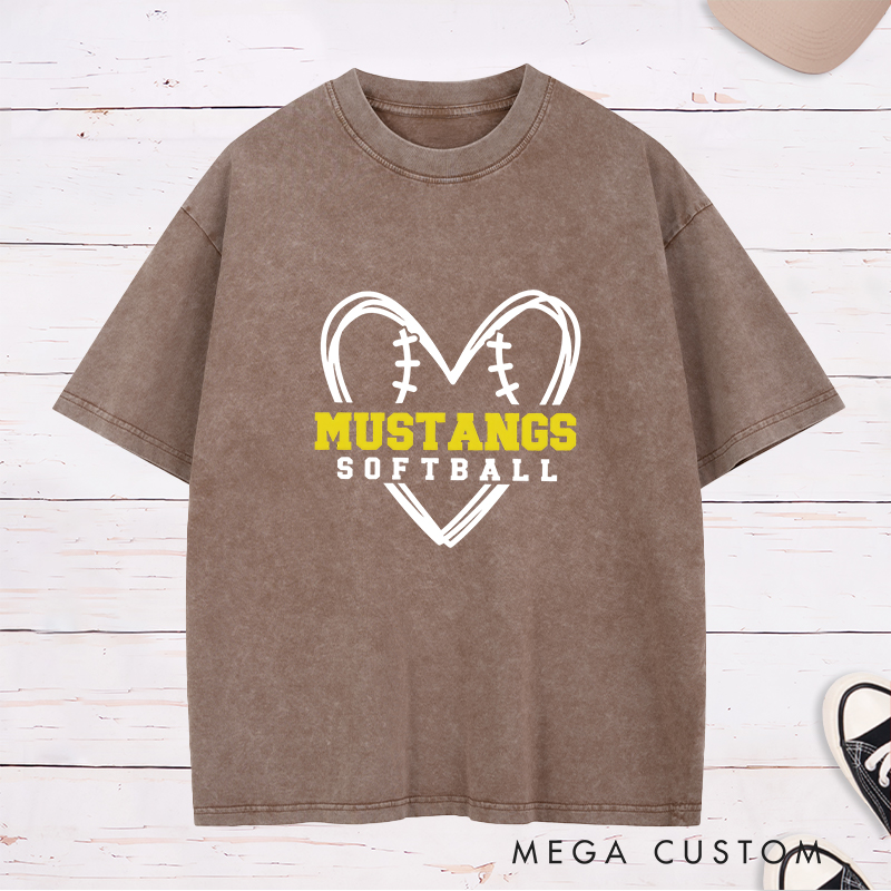 Personalized Softball Washed T-Shirt Design Featuring Heart-Shaped Softball Stitch Graphic with Custom Team Name in Bold Text and Softball Label in Clean Font