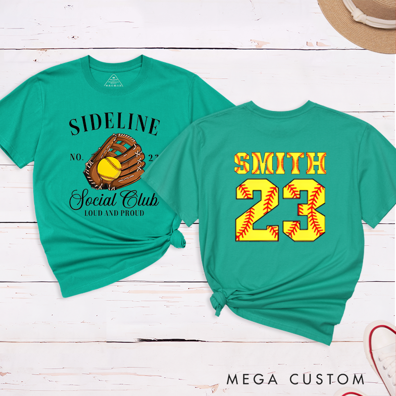 Personalized Softball Sideline Social Club T-Shirt with Custom Name and Number Perfect Gift for Proud Fans Supporters and Players