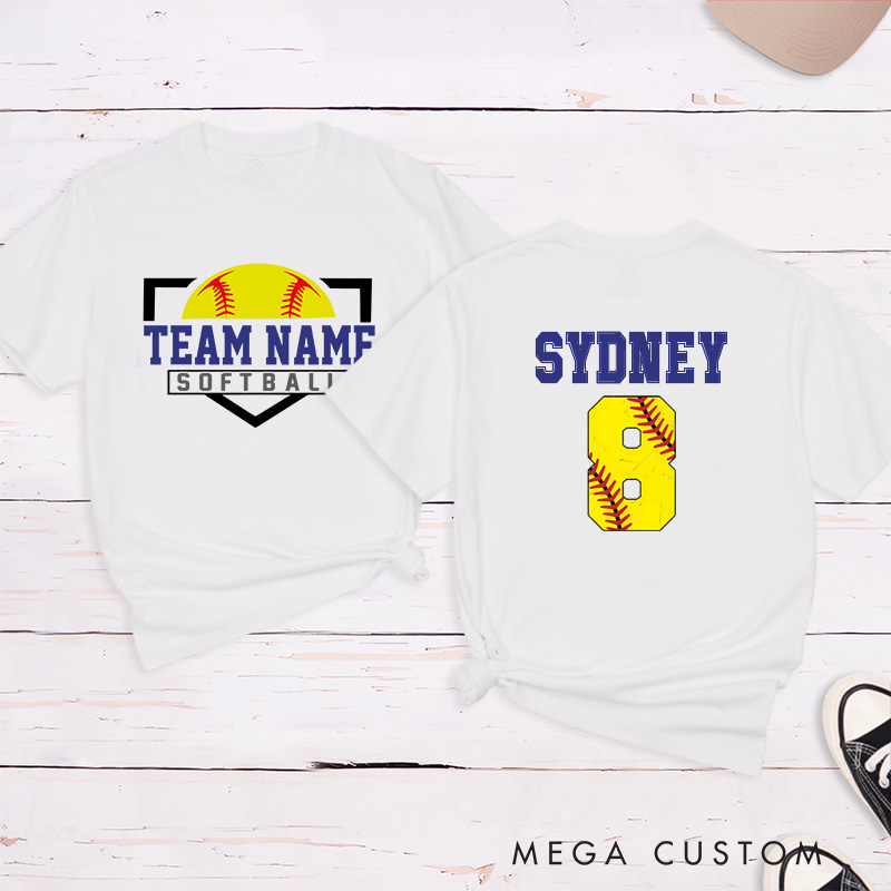 Personalized Softball T-Shirt Design Featuring Custom Team Name on the Front and Player Name with Jersey Number on the Back