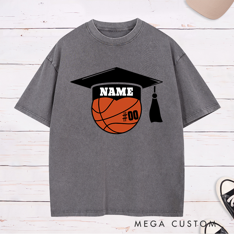Personalized Washed T-Shirt Design Featuring a Basketball Graduation Cap Graphic with Customizable Jersey Number for a Unique Senior Look