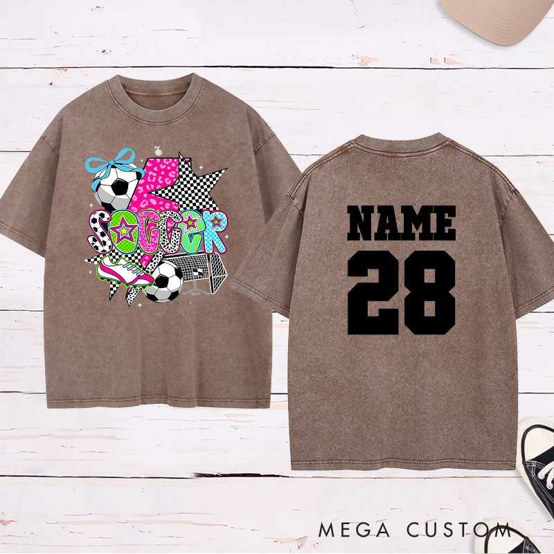 Personalized Star-Themed Soccer Washed T-Shirt with Custom Name and Number