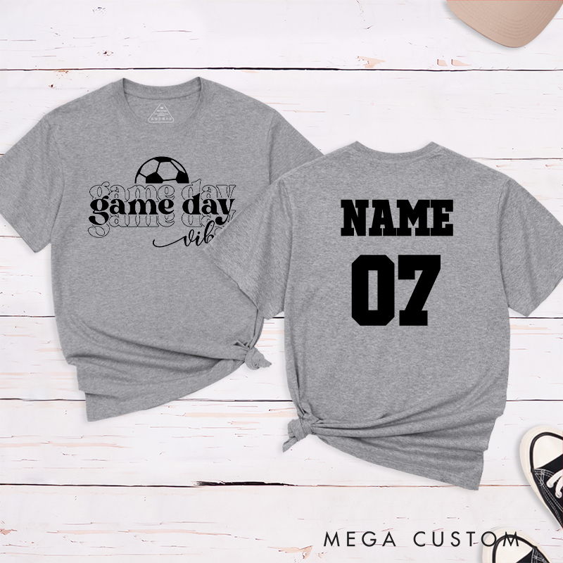 Personalized Game Day Vibes T-Shirt Featuring Layered Typography and Custom Name and Number