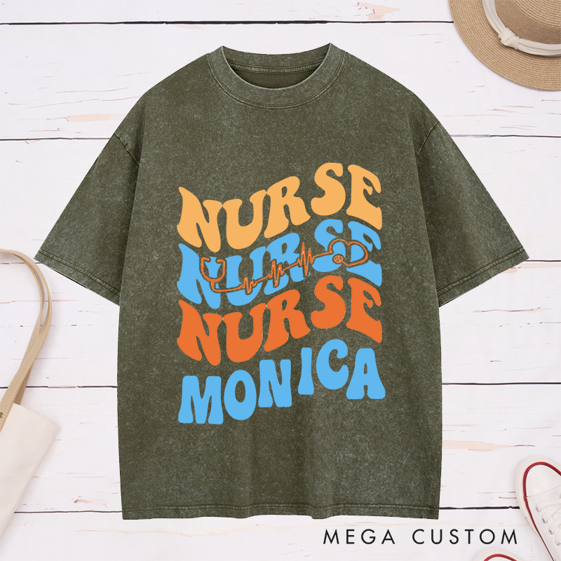 Personalized Nurse Washed T-Shirt Customized Heartbeat Nurse Design Washed T-Shirt 