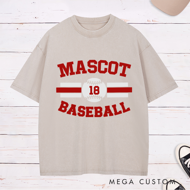 Personalized Baseball Washed T-Shirt with Custom Name and Striking Stripe and Ball Graphics