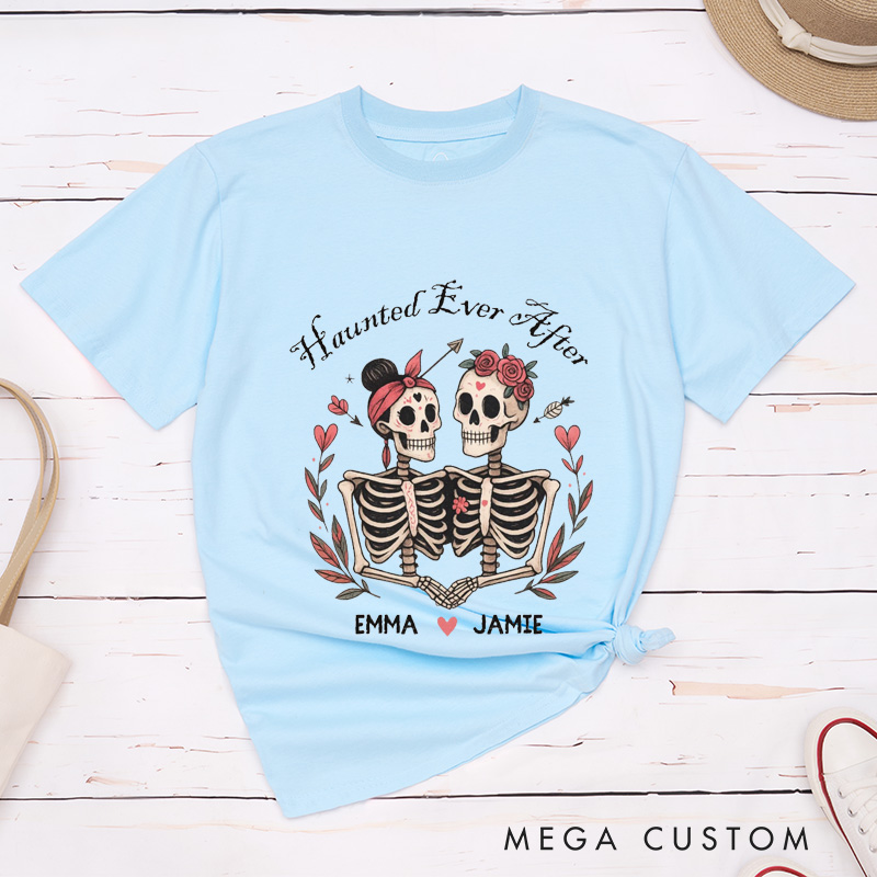 Personalized Gothic Skeleton Couple Matching Halloween T-Shirt Funny Haunted Ever After Shirt for Couple