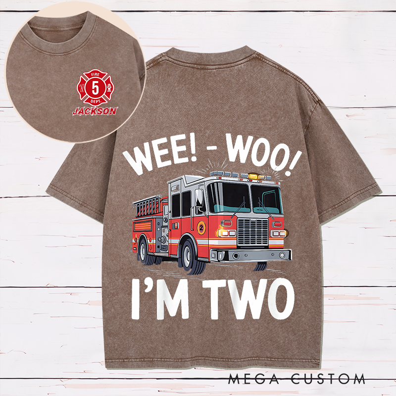 Personalized Firefighter Washed T-Shirt Fire Truck Wee-Woo I'm Two Gift for Firefighter