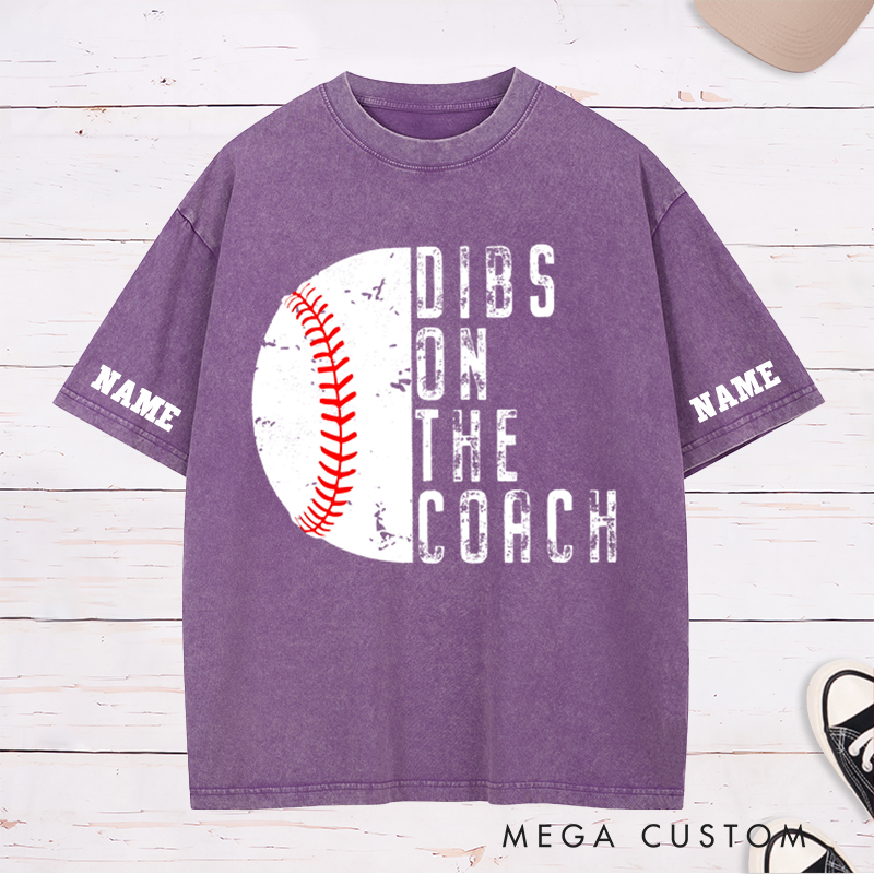 Personalized "Dibs on the Coach" Baseball Washed T-Shirt with Custom Name