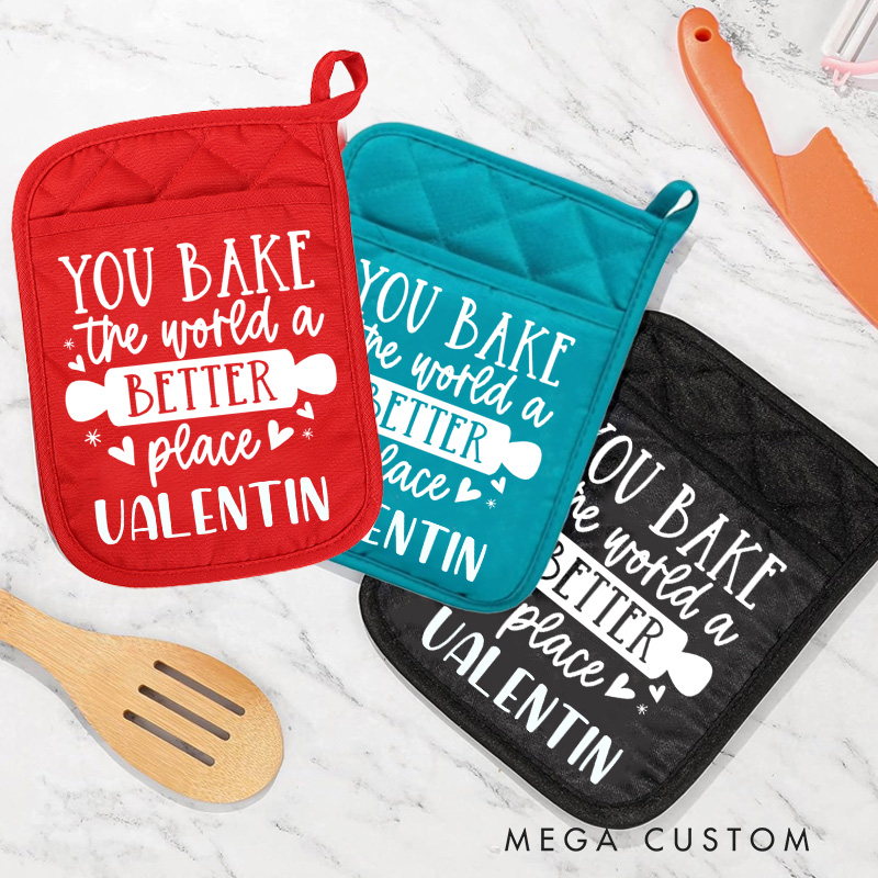 Personalized You Bake the World A Better Place Pot Holders Custom Rolling Pin Potholder with Name Baking Lover Gift for Baker Gift Christmas Gift