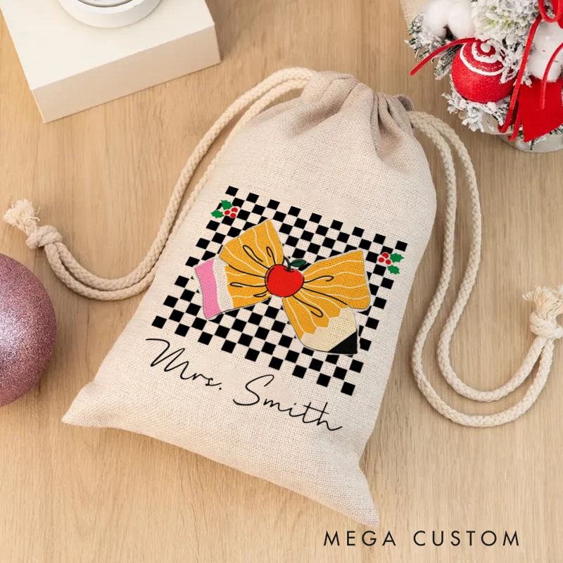 Personalised Christmas Santa Sack for Teachers Custom Apple Bow Checkerboard Design Sack Christmas Gift