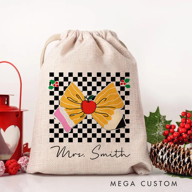 Personalised Christmas Santa Sack for Teachers Custom Apple Bow Checkerboard Design Sack Christmas Gift