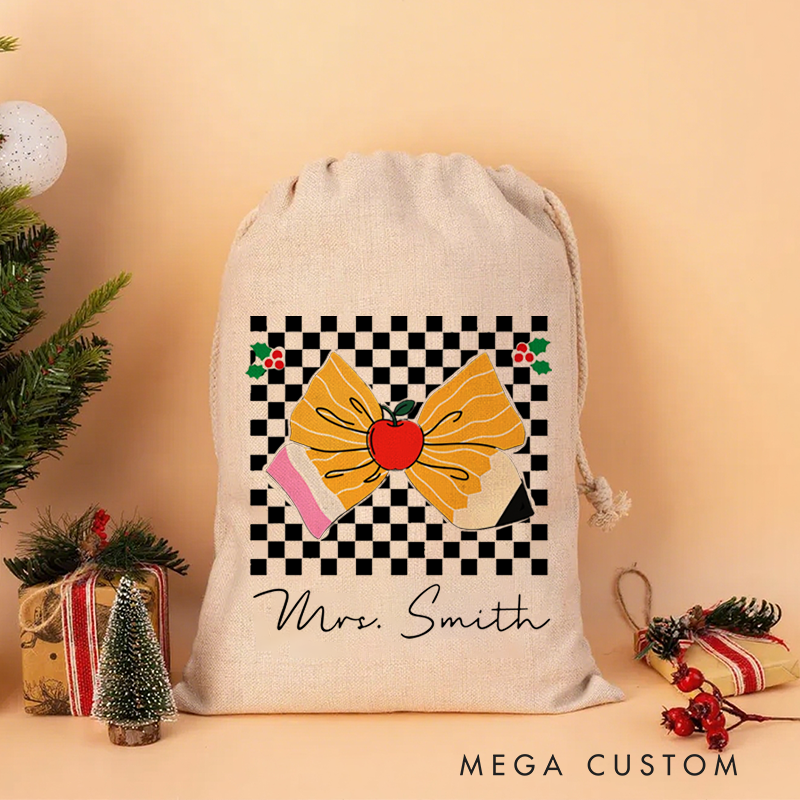 Personalised Christmas Santa Sack for Teachers Custom Apple Bow Checkerboard Design Sack Christmas Gift