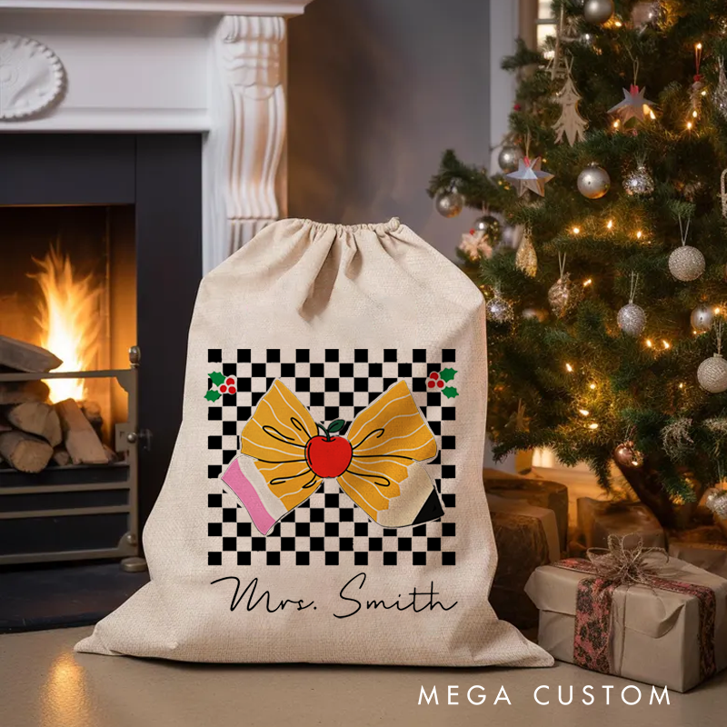 Personalised Christmas Santa Sack for Teachers Custom Apple Bow Checkerboard Design Sack Christmas Gift
