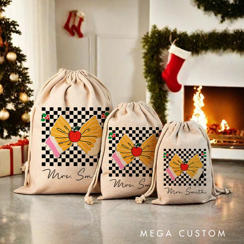 Personalised Christmas Santa Sack for Teachers Custom Apple Bow Checkerboard Design Sack Christmas Gift