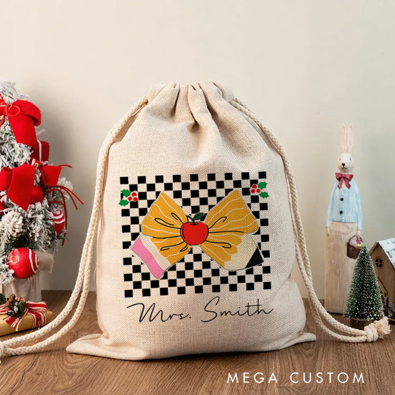 Personalised Christmas Santa Sack for Teachers Custom Apple Bow Checkerboard Design Sack Christmas Gift