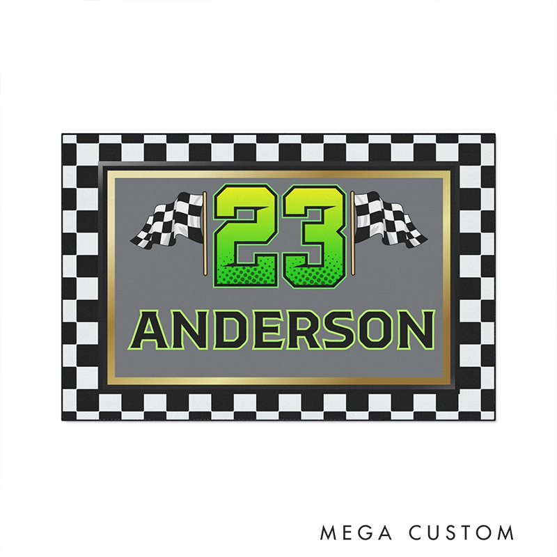 Personalized Checkered Flag Doormat Custom Name and Number Welcome Mat for Racer and Racing Lovers