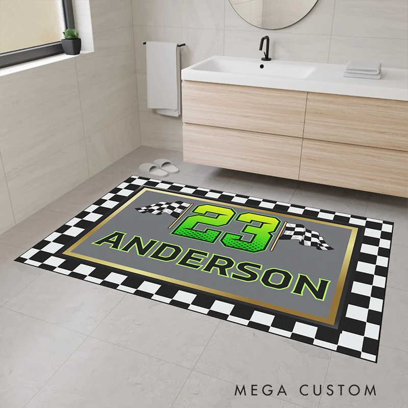 Personalized Checkered Flag Doormat Custom Name and Number Welcome Mat for Racer and Racing Lovers
