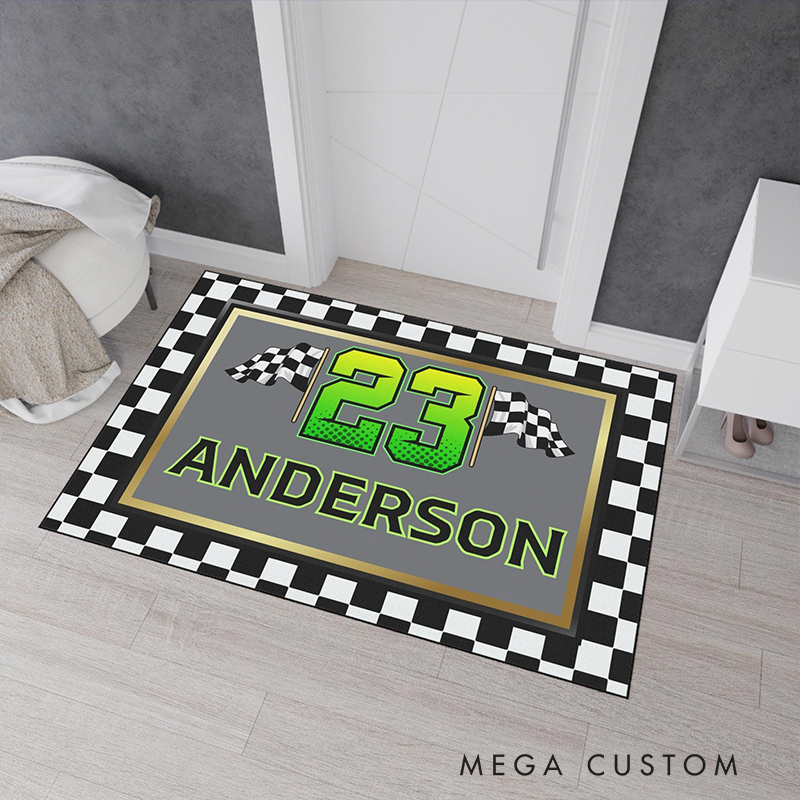 Personalized Checkered Flag Doormat Custom Name and Number Welcome Mat for Racer and Racing Lovers