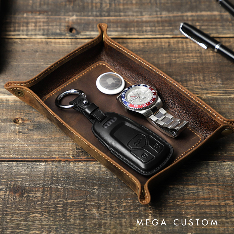 Personalized Mountain Peaks Couple Wedding Engagement Men Leather Tray Catchall Valet Tray