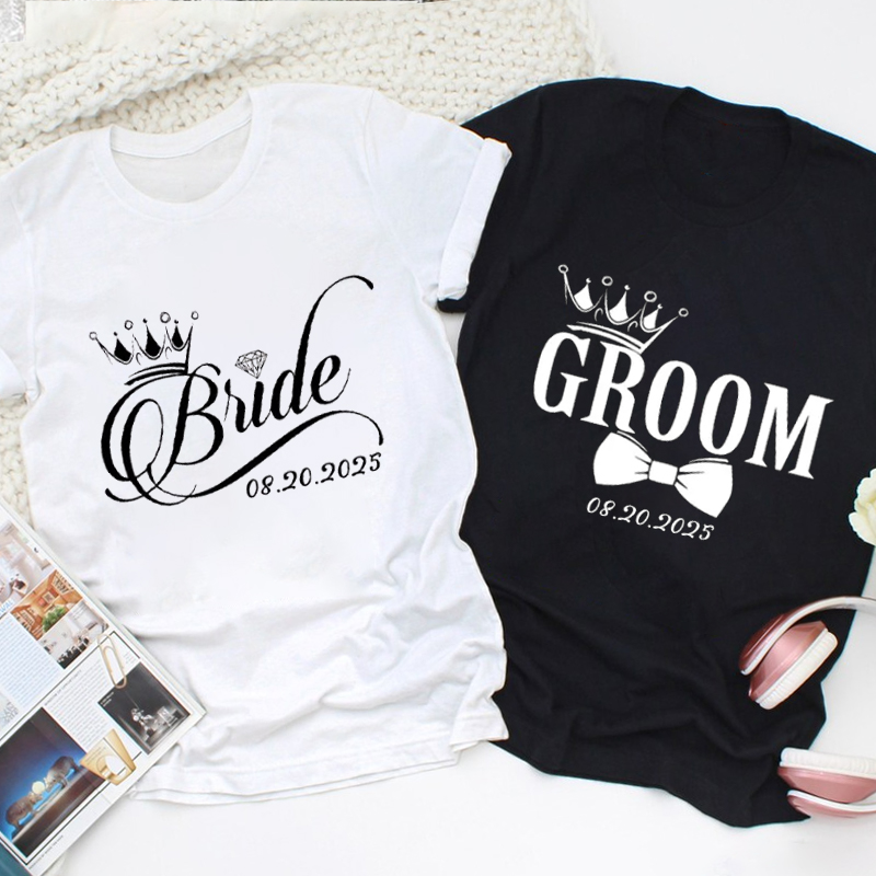 Personalized Regal Bride and Groom with Crowns and Date Matching Wedding Couple Classic T-Shirt