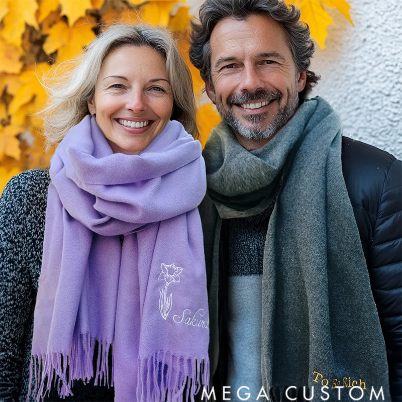 Personalized Super Soft Warm Scarf with Embroidered Birth Flower and Text Fashion Accessory Birthday Christmas Gift for Couple Family