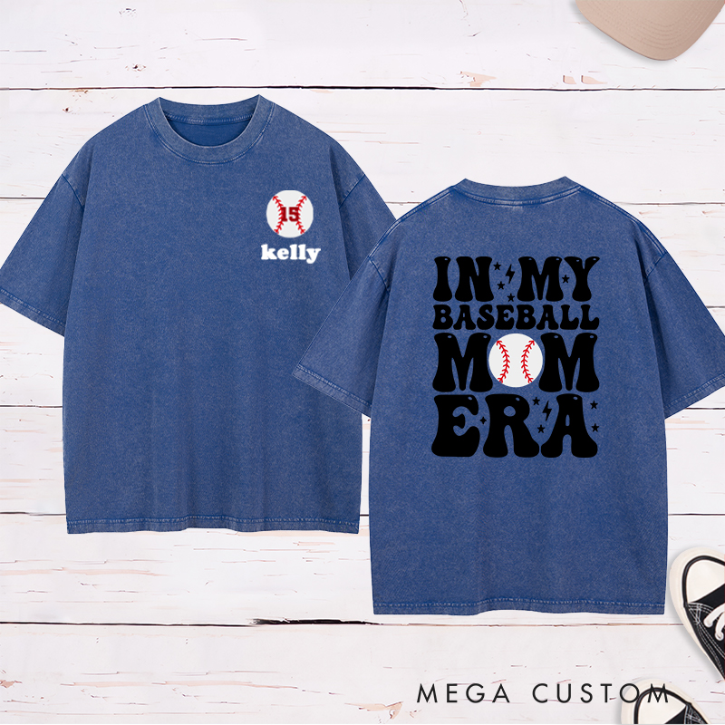 Personalized "In My Baseball Mom Era" Washed T-Shirt Custom Name & Number
