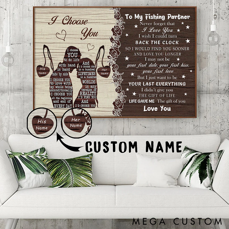 Personalized Fishing Partner Wall Art with Romantic Message Custom Names Perfect Gift for Couples and Fishing Lovers Rustic Home Decor