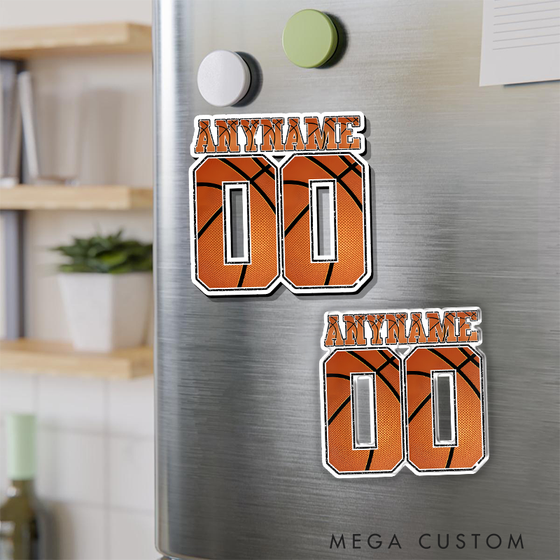 Personalized Basketball Refrigerator Magnet with Custom Name and Jersey Number in Bold Basketball Texture Design