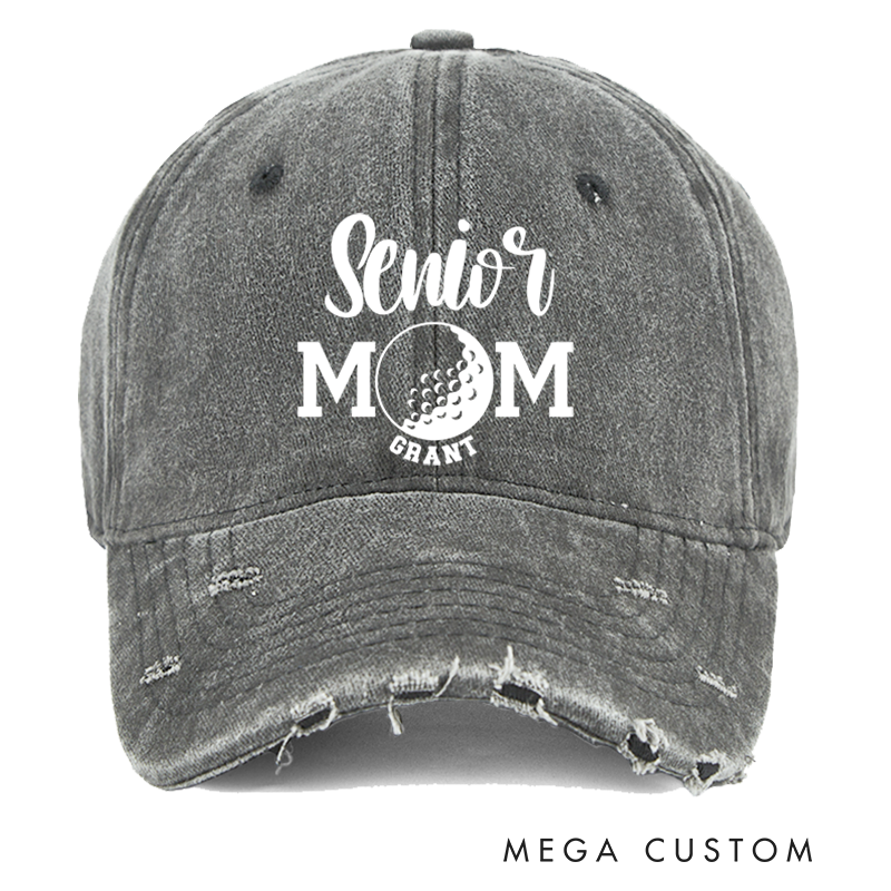 Personalized Senior Mom Distressed Denim Baseball Cap with Custom Name and Sports Ball Design for Proud Mothers of Graduating Athletes
