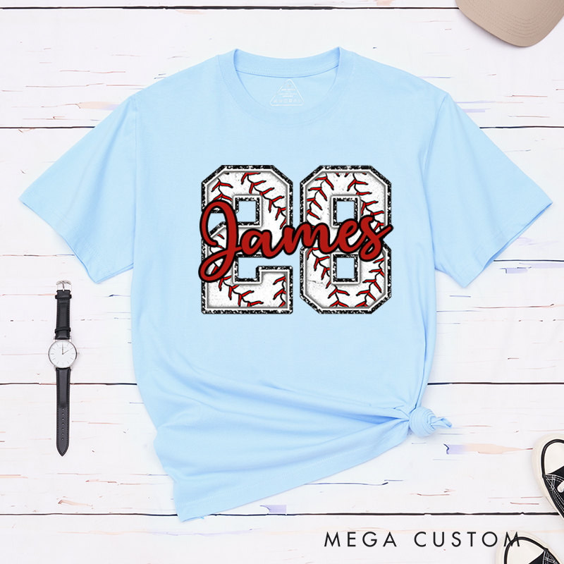 Personalized Baseball T-Shirt Featuring Distressed Numbers and Custom Name and Number